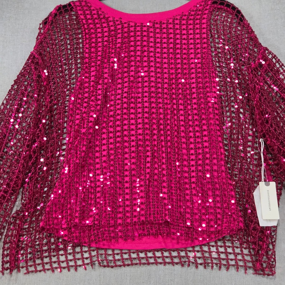 Pilcro Sequin Mesh Top Women Small Pink NWT Anthropologie Long Sleeve Magenta - Picture 3 of 13